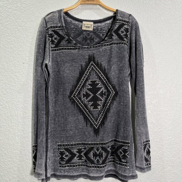 Vocal Thermal Top Womens XL Gray Rhinestone Embellished Burnout Western Rodeo - Picture 1 of 8